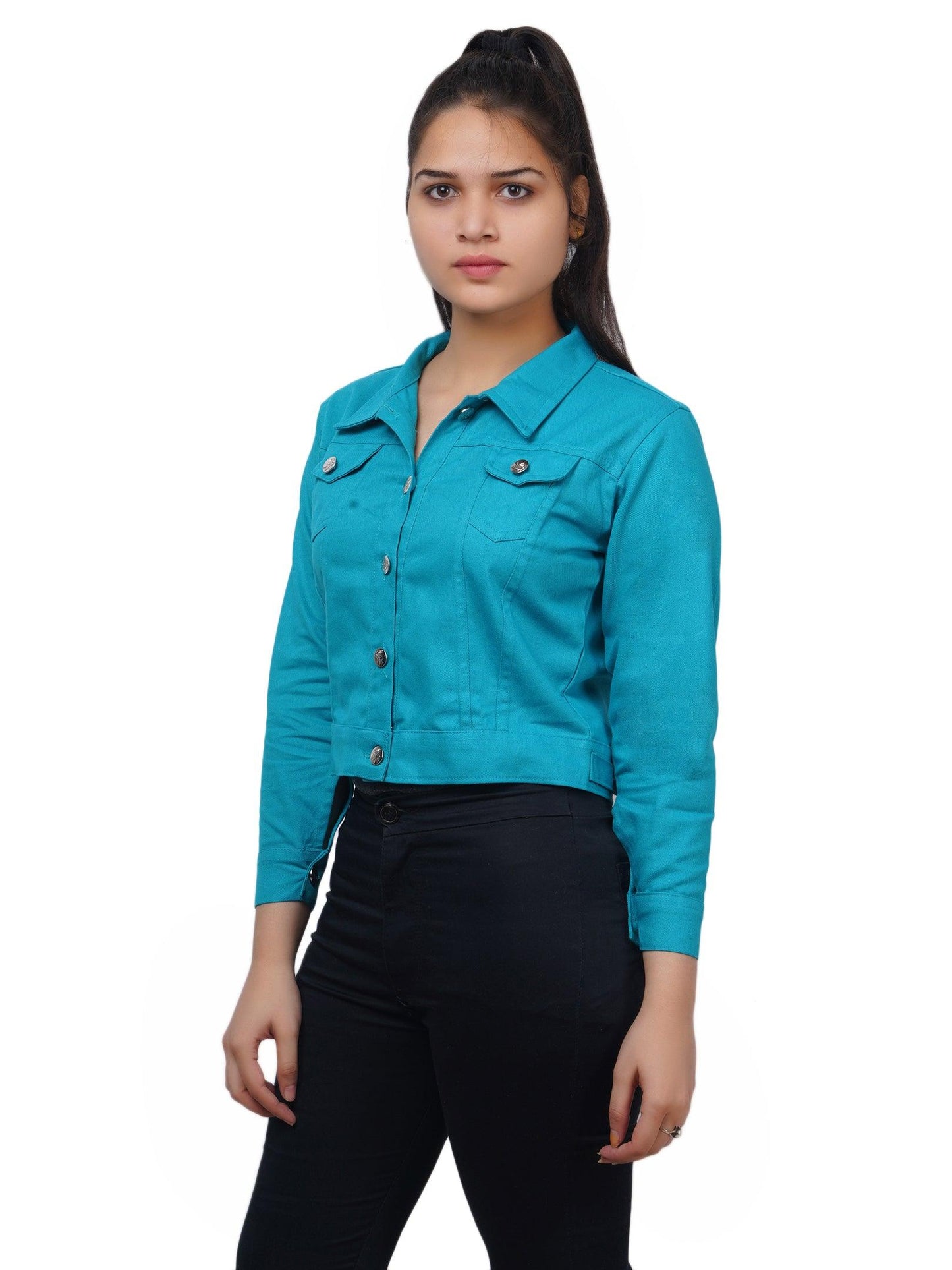 Trendzmy Full Sleeve Black And Sky Blue Solid Women Jacket