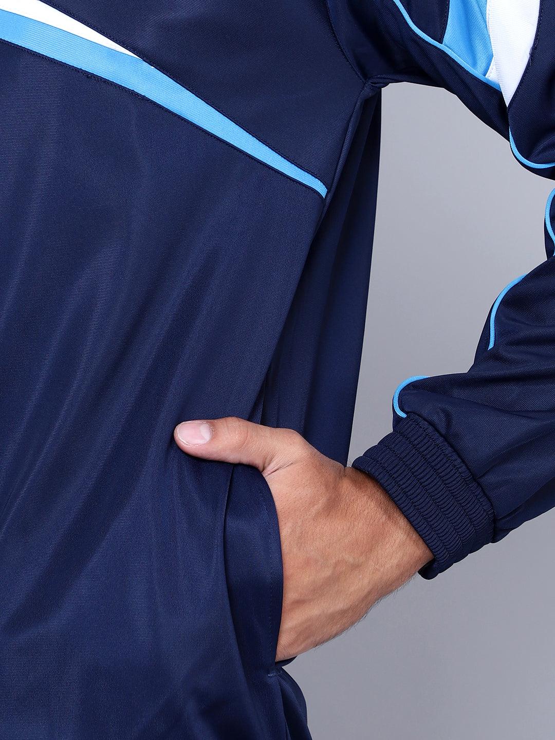 Men Navy Blue, Sky Blue and White Striped Detail Tracksuit