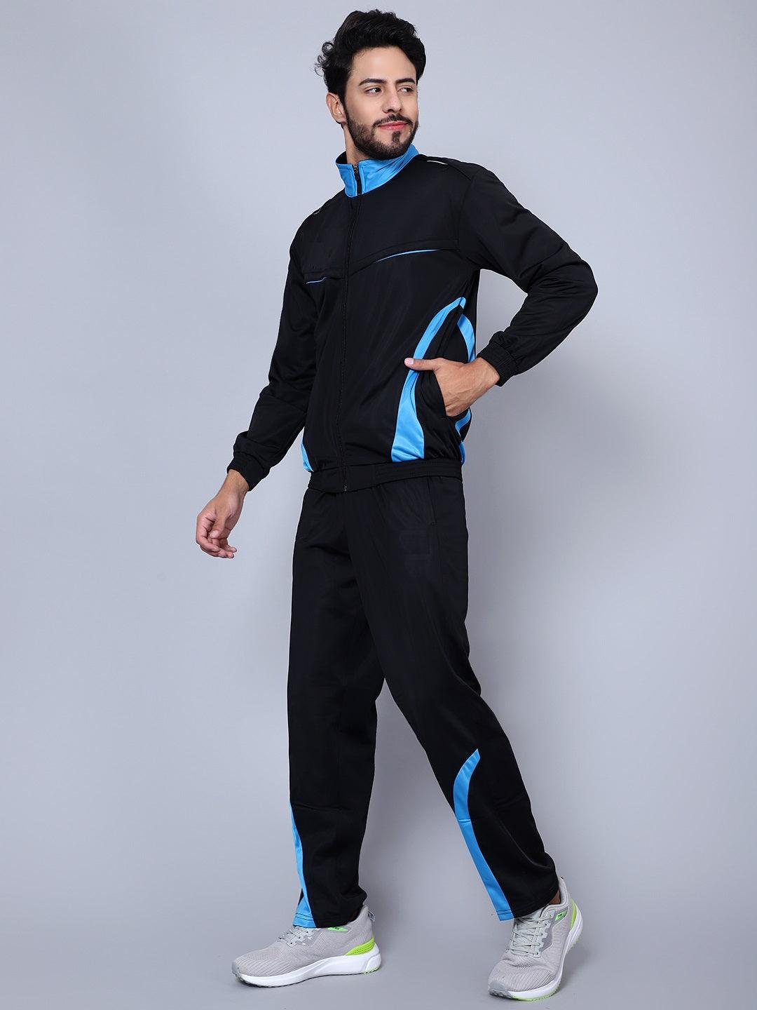 Men Color blocked Black and Sky Blue Racer suit Tracksuit