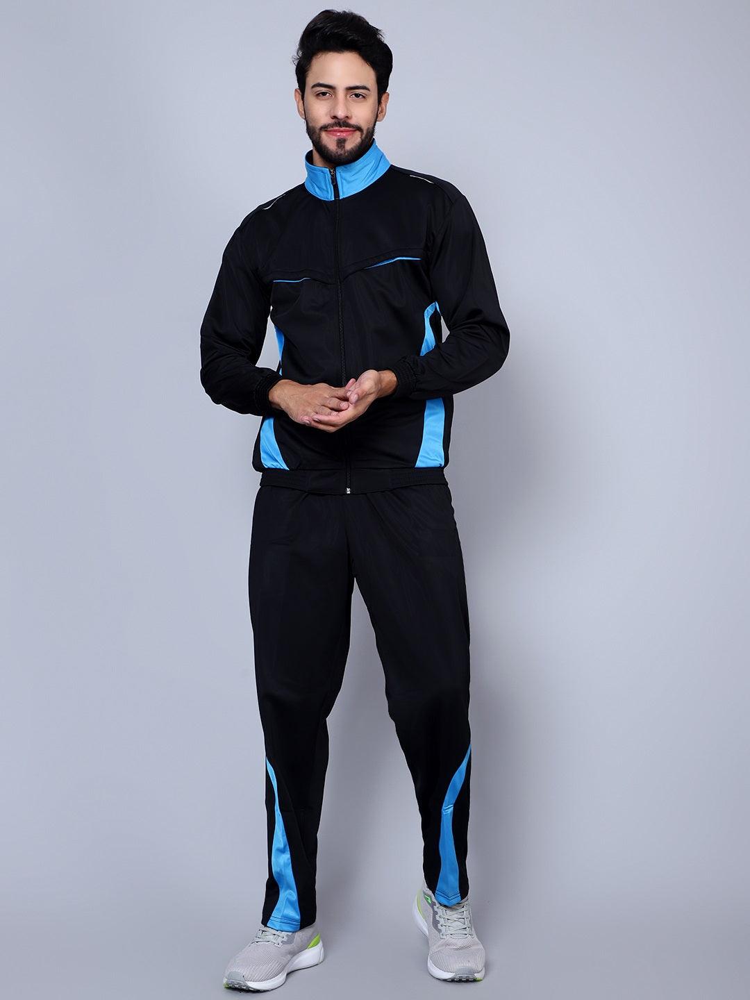 Men Color blocked Black and Sky Blue Racer suit Tracksuit