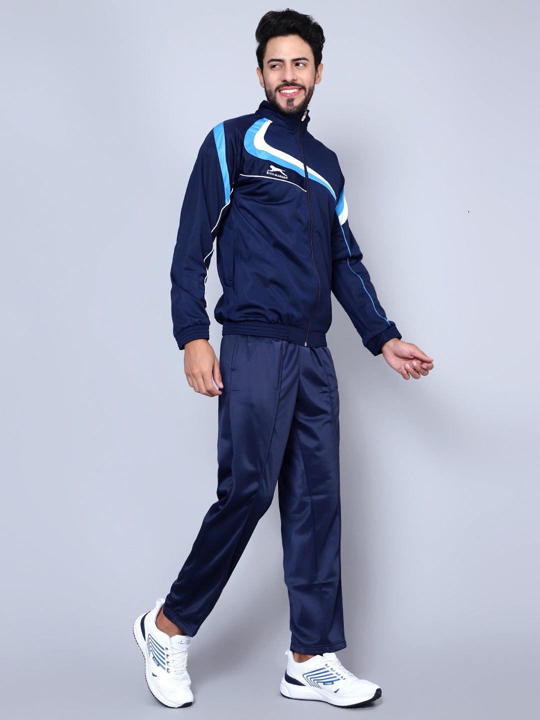 Men Navy Blue, Sky Blue and White Striped Detail Tracksuit