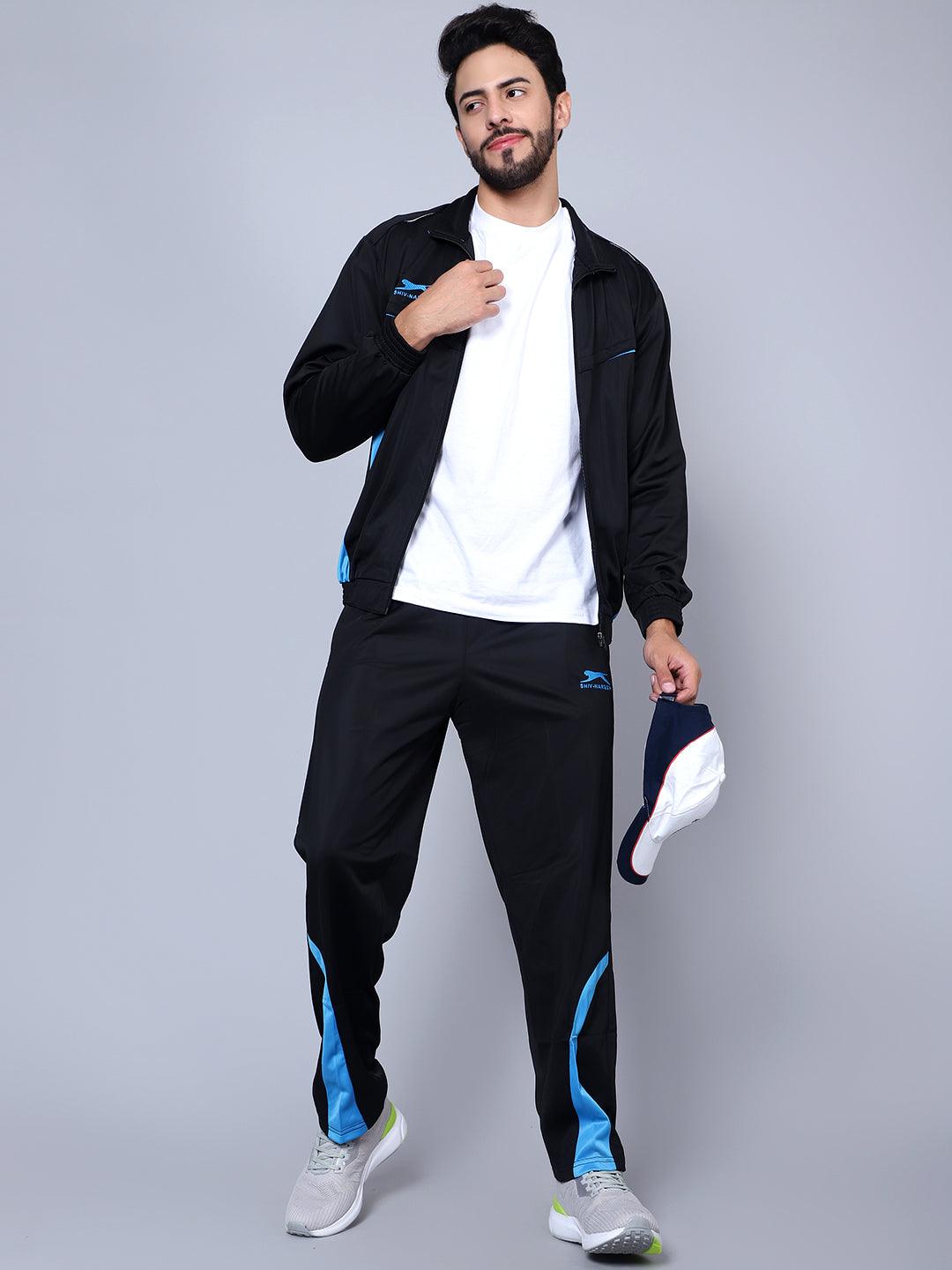Men Color blocked Black and Sky Blue Racer suit Tracksuit