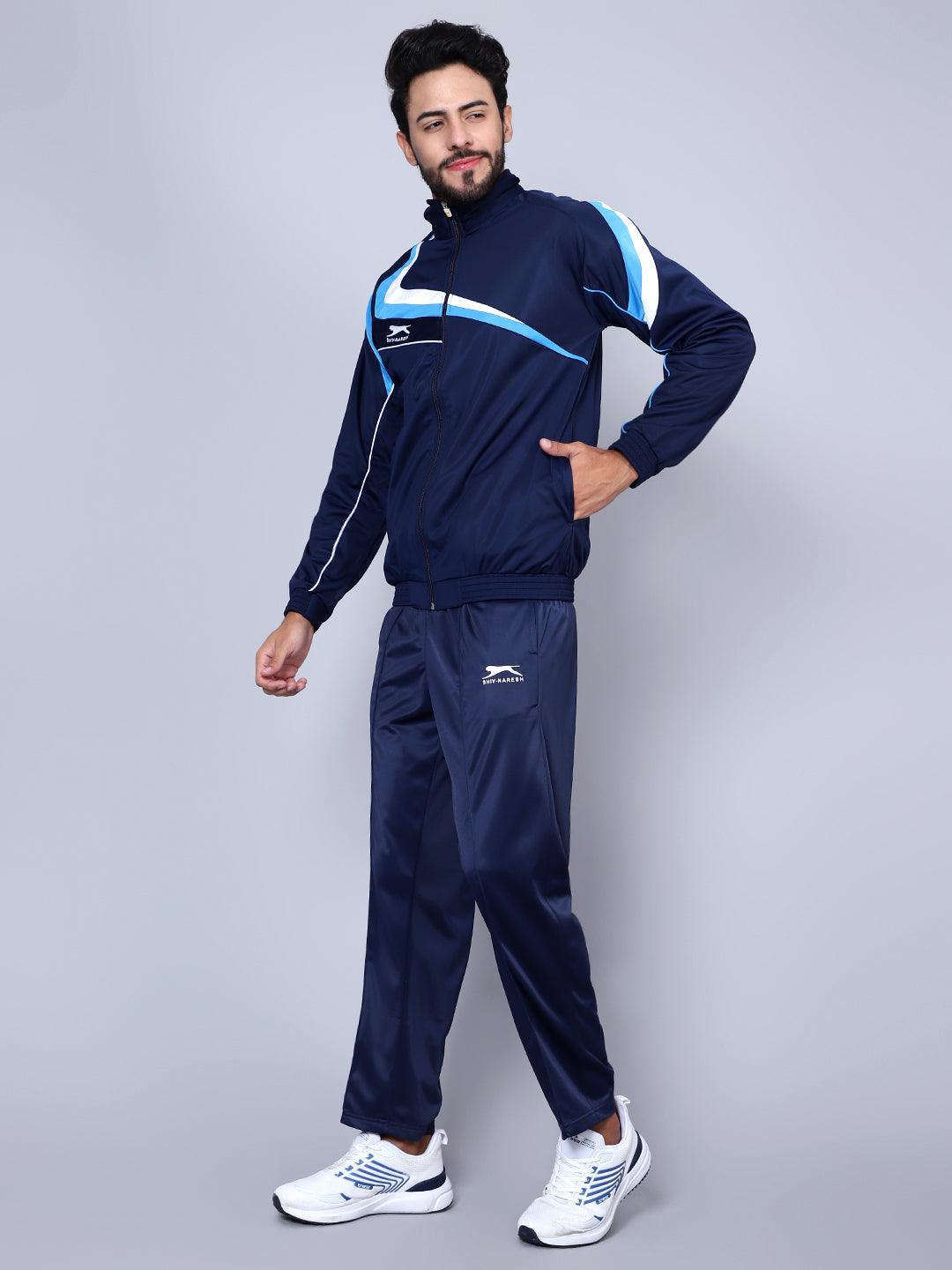 Men Navy Blue, Sky Blue and White Striped Detail Tracksuit