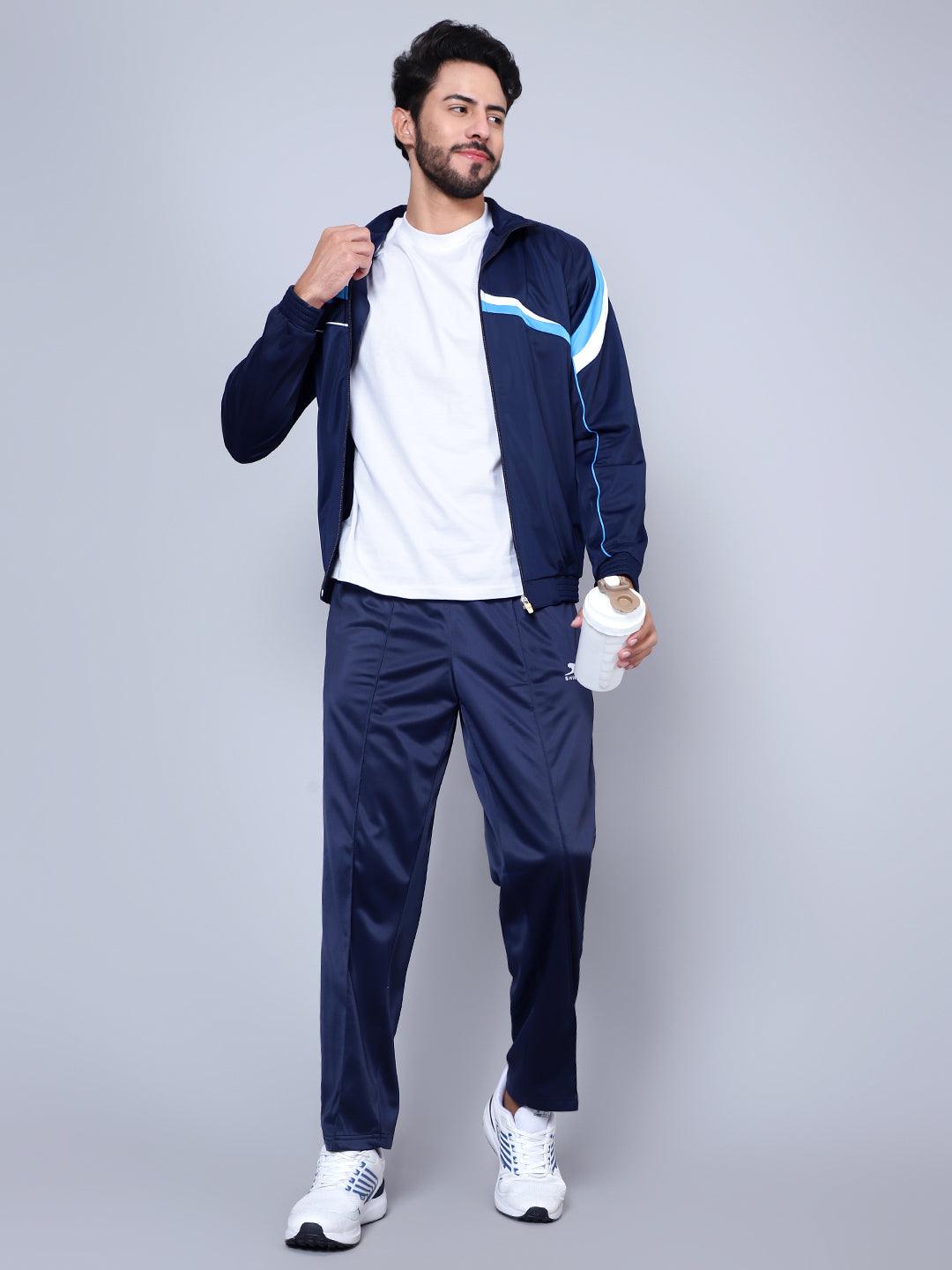 Men Navy Blue, Sky Blue and White Striped Detail Tracksuit