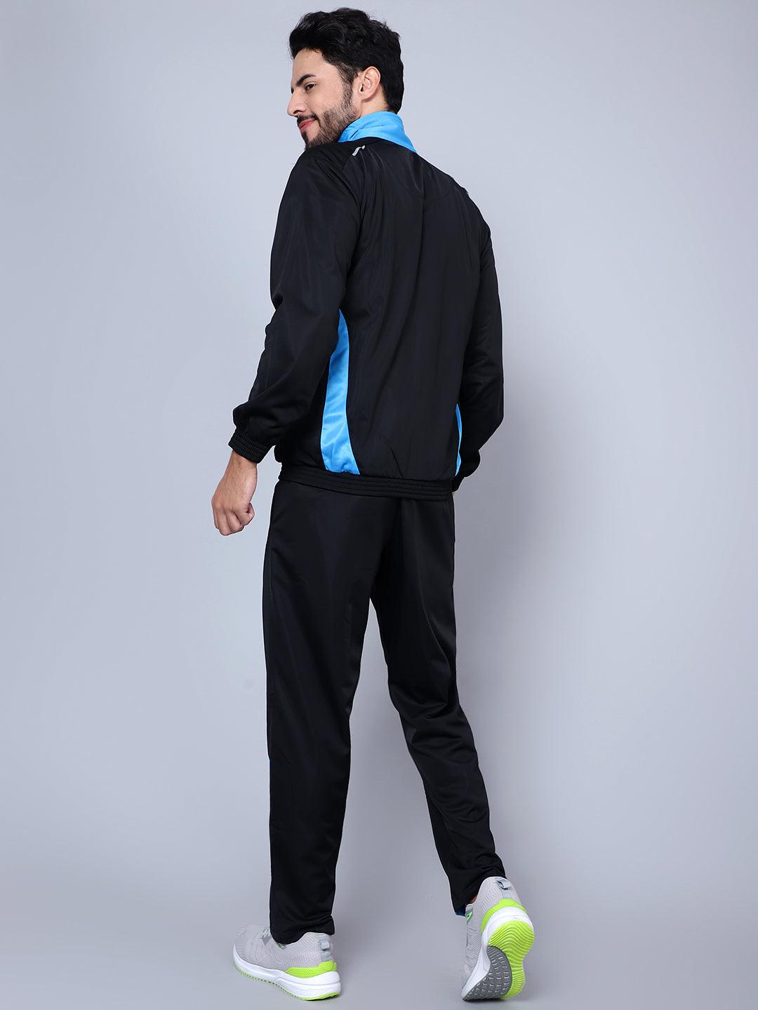 Men Color blocked Black and Sky Blue Racer suit Tracksuit