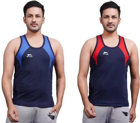 SHIV-NARESH Solid Men Cotton Blue And Red Blend Vest (Pack Of 2)