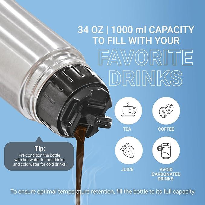 Milton Thermosteel Flip Lid Flask, 1000 milliliters, Silver