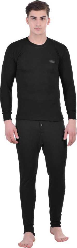 LUX COTT'S WOOL Black Full Sleeves Round Neck Men Top - Pyjama Set Thermal 95