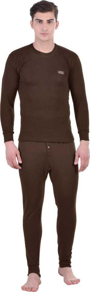 LUX COTT'S WOOL Brown Full Sleeves Round Neck Men Top - Pyjama Set Thermal 95