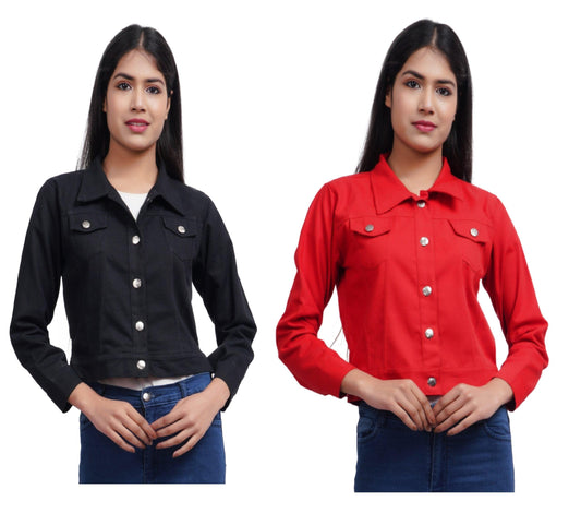 Trendzmy Full Sleeve Black And Red Solid Women Jacket XXXL