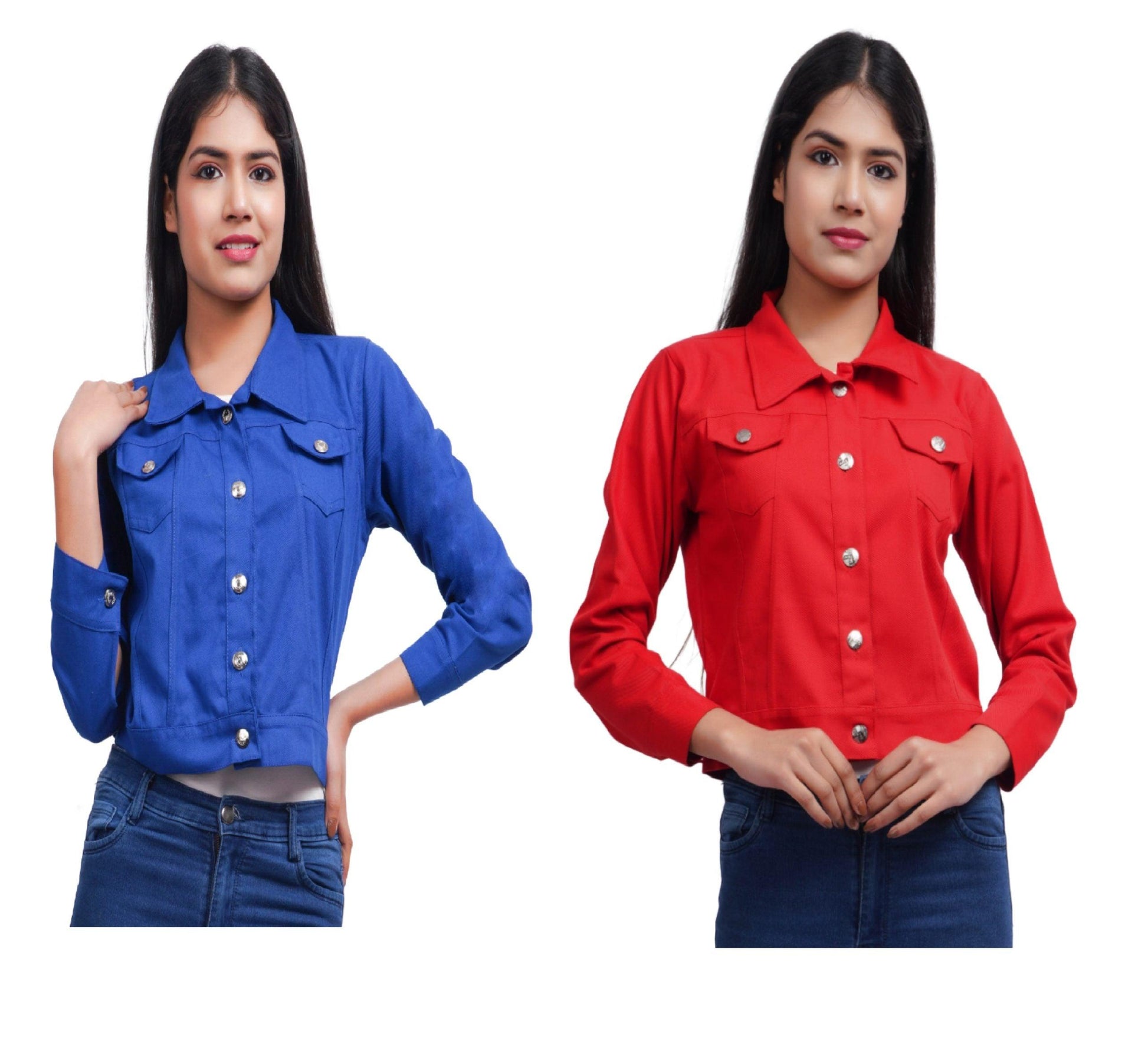 Trendzmy Full Sleeve Blue And Red Solid Women Jacket XXXL