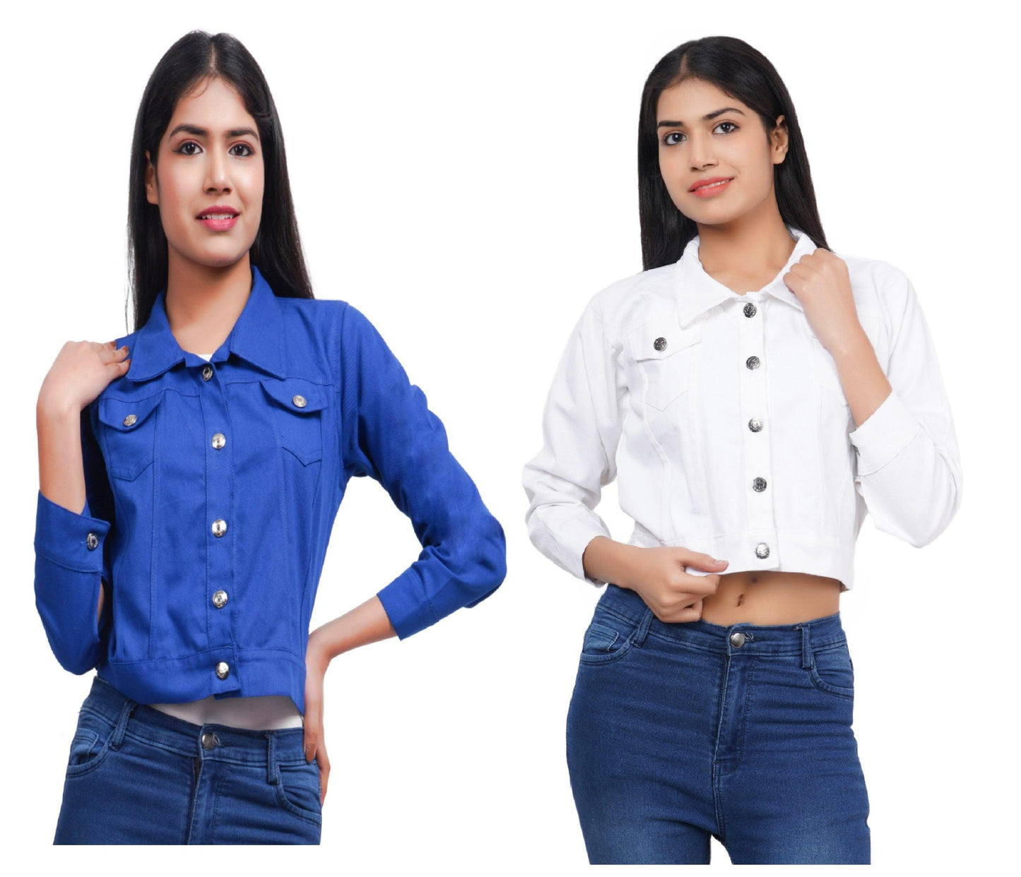 Trendzmy Full Sleeve Blue White Solid Women Jacket XXXL