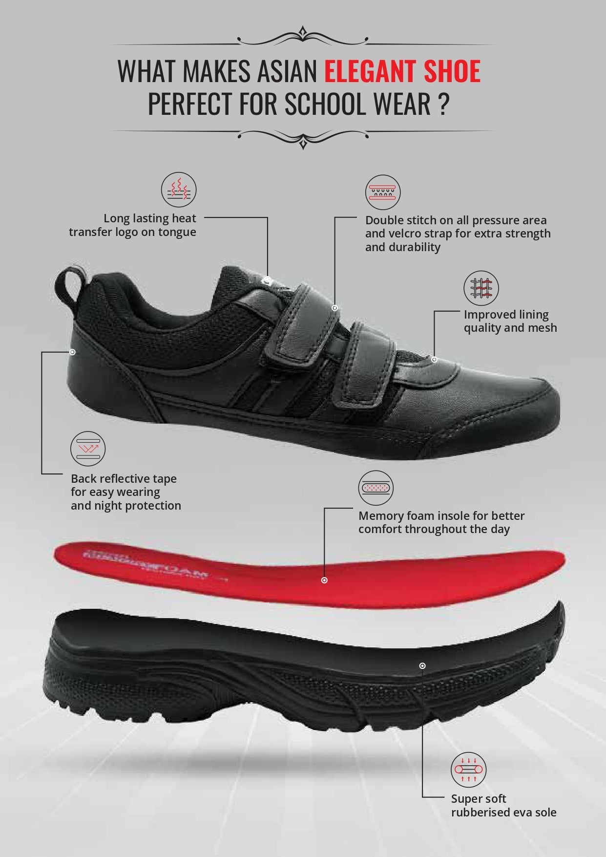 ASIAN School Shoes Unisex Elegant 22 Black and Red Welcro Shoes