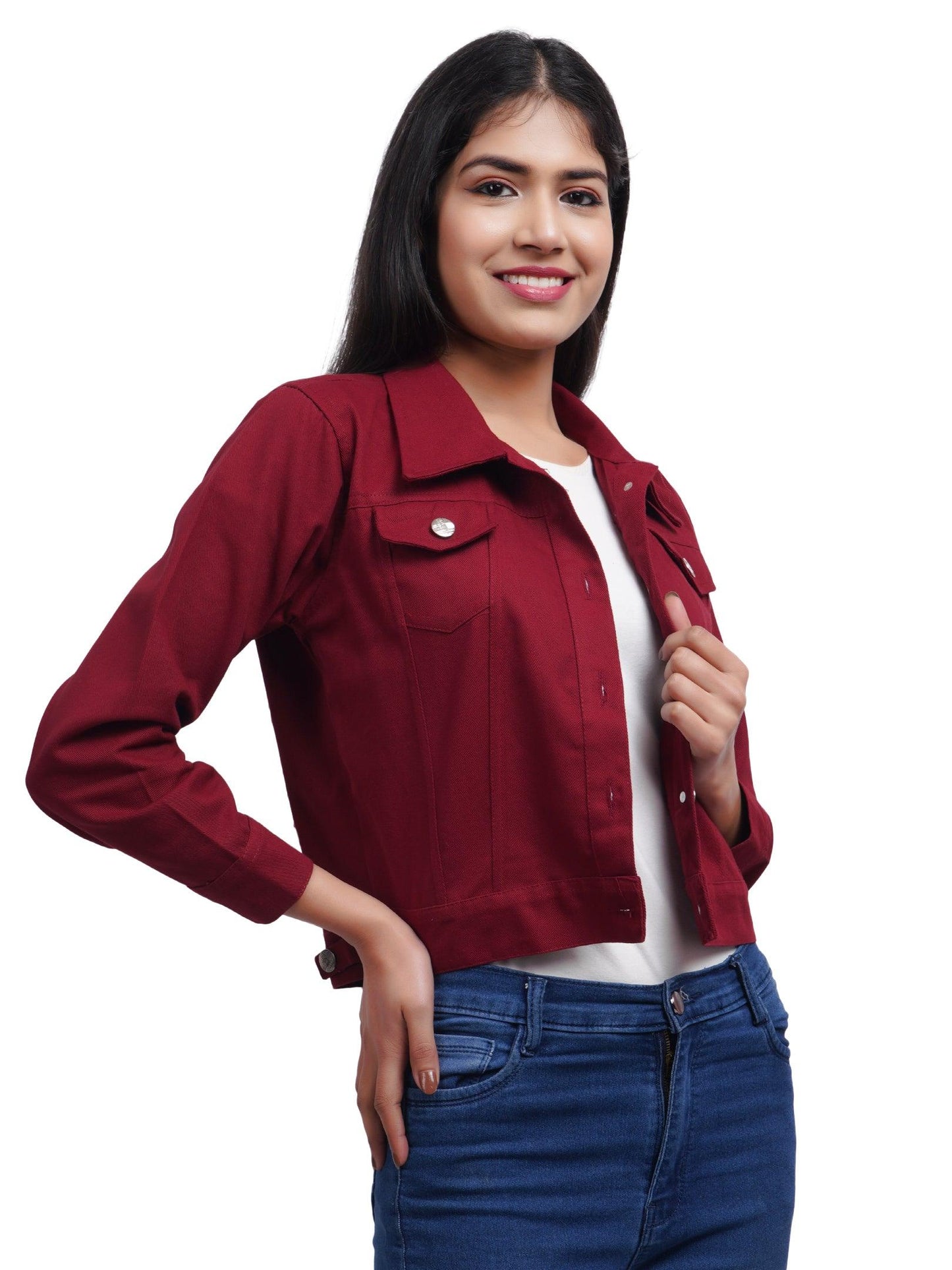 Trendzmy Full Sleeve Maroon Solid Women Jacket