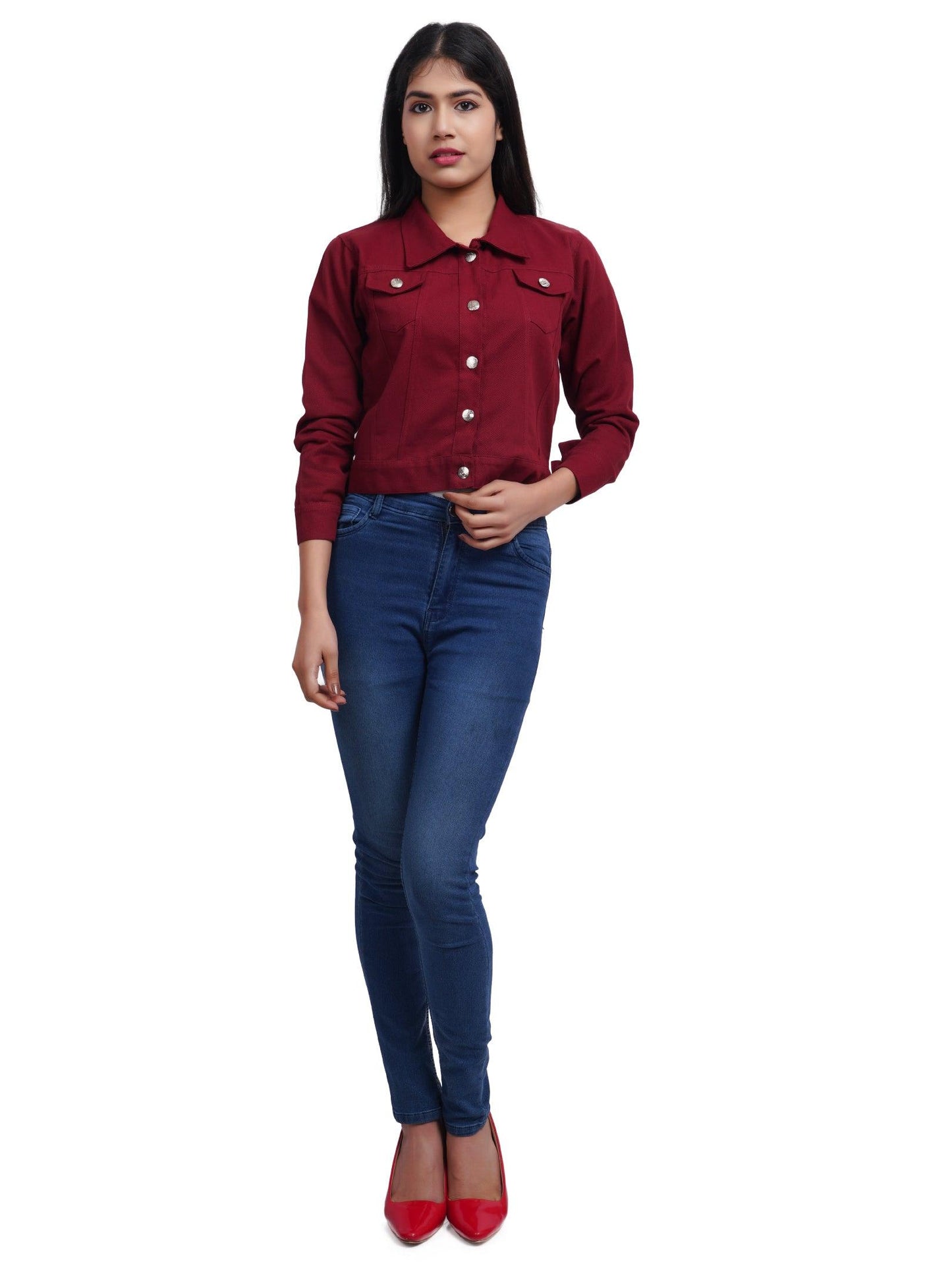 Trendzmy Full Sleeve Maroon Solid Women Jacket