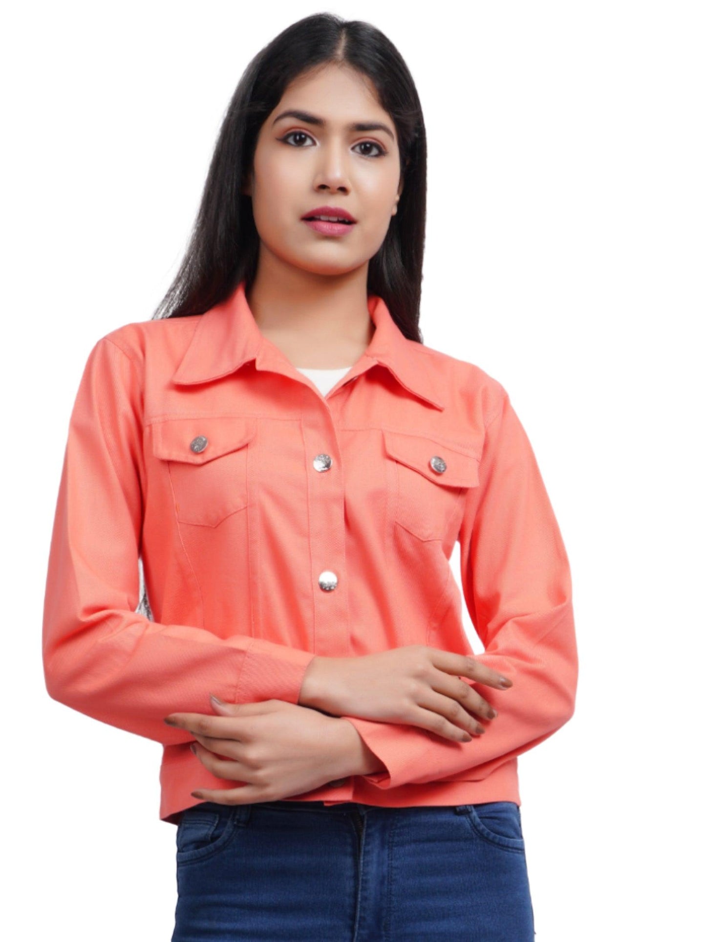 Trendzmy Full Sleeve Peach Solid Women Jacket