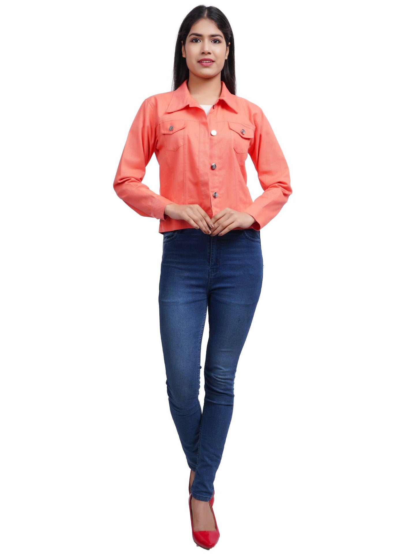 Trendzmy Full Sleeve Peach Solid Women Jacket XXXL