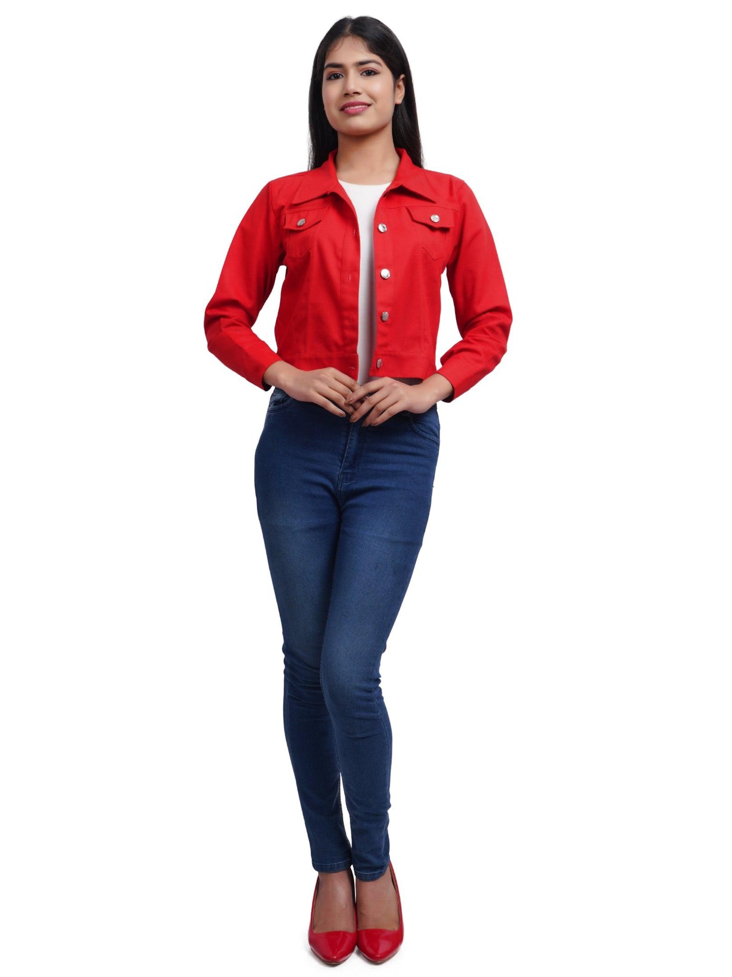 Trendzmy Full Sleeve Blue And Red Solid Women Jacket