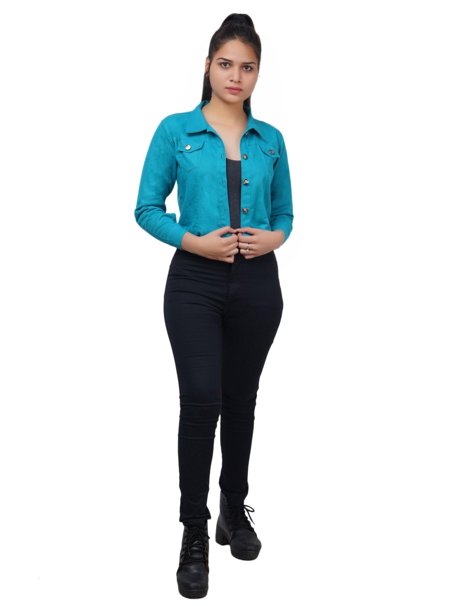 Trendzmy Full Sleeve Sky Blue And Perrot Green Solid Women Jacket