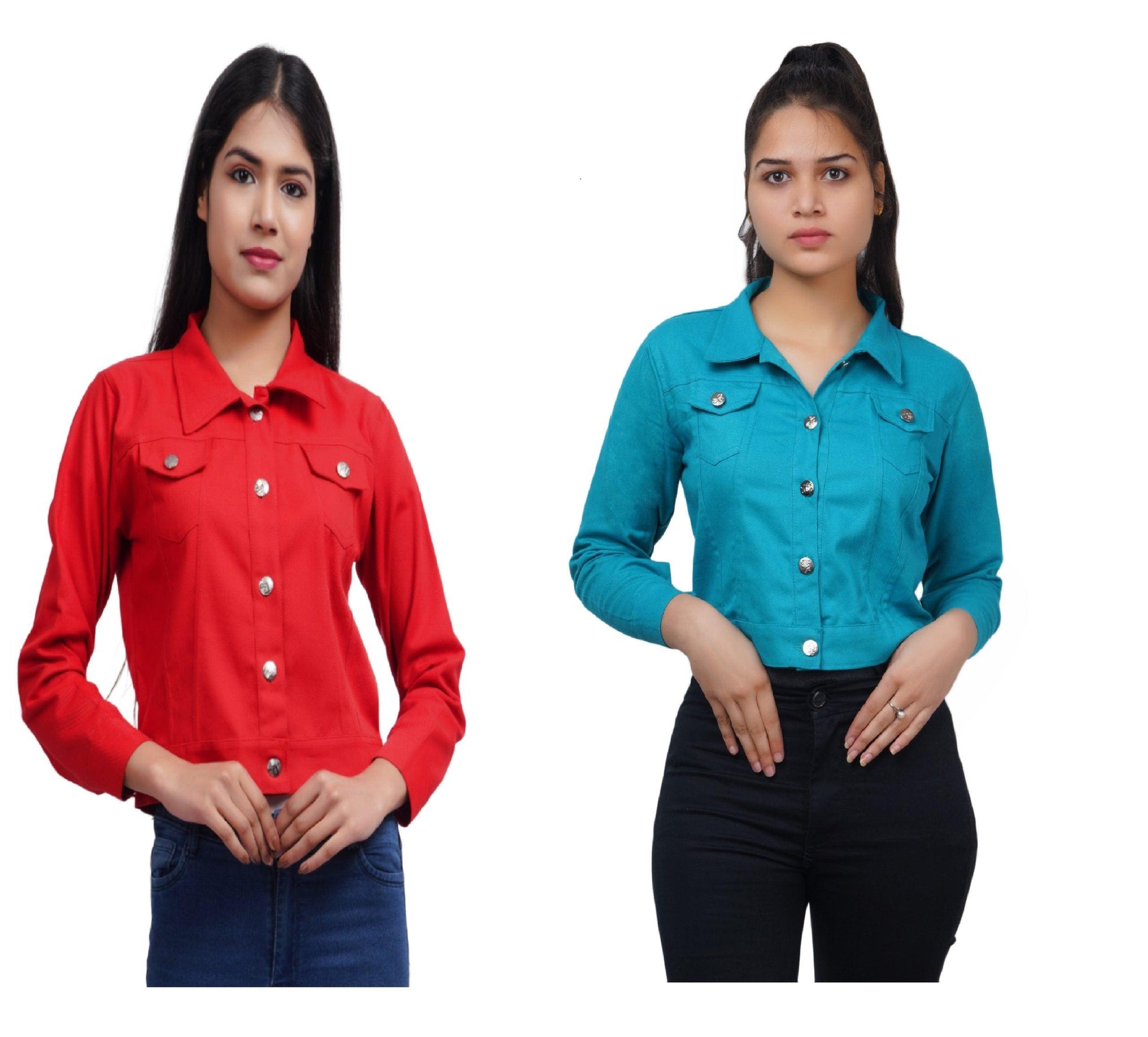 Trendzmy Full Sleeve Red And Sky Blue Solid Women Jacket XXXL