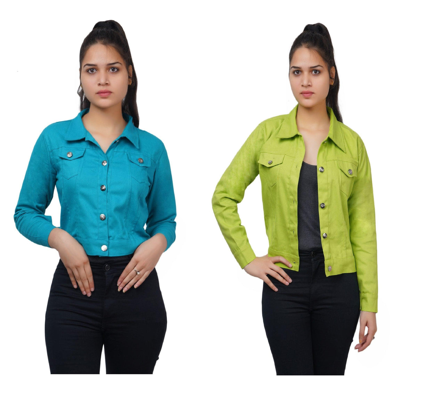 Trendzmy Full Sleeve Sky Blue And Perrot Green Solid Women Jacket XXXL