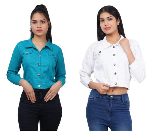 Trendzmy Full Sleeve Sky Blue And White Solid Women Jacket XXXL